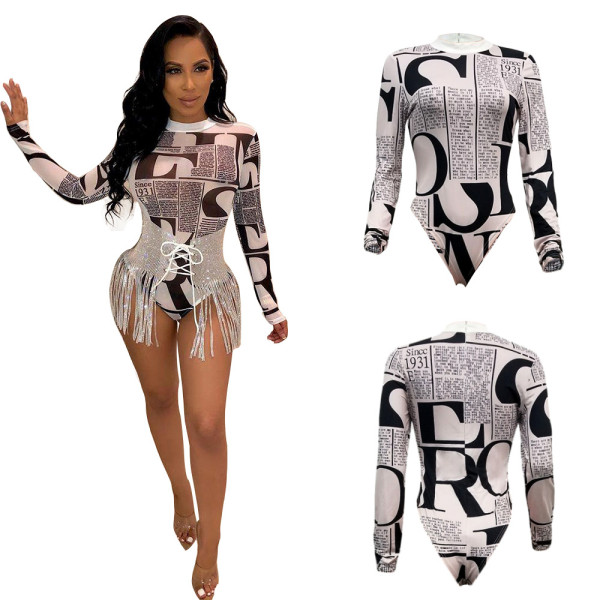 Cheap Slim Letters Printing Long Sleeves Short Jumpsuit SN3584