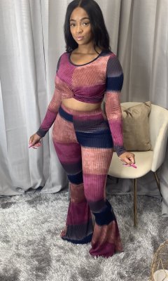 Fashion Printed Round neck Long Sleeves Cropped Top With Flared Pants Two Piece Set R6334