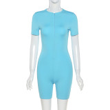 Sexy Solid Color Zipper V-Neck Short Sleeves Bodycon Jumpsuit P1736930