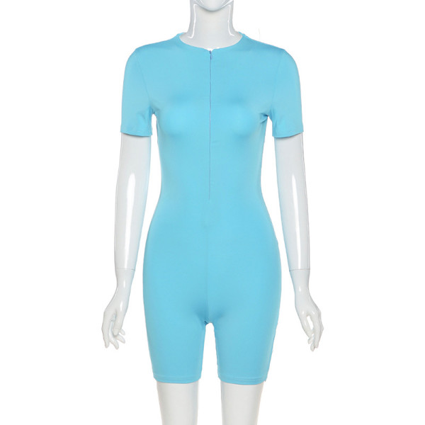 Sexy Solid Color Zipper V-Neck Short Sleeves Bodycon Jumpsuit P1736930