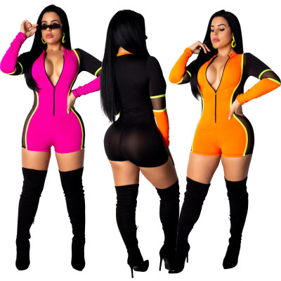 Color Block Zipper Long Sleeves Romper Shorts QZ6072