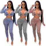 Sexy Letter Printed V-Neck Bra Zipper Long Sleeves Mini Cardigan With Hollow Out Trousers Three Piec