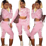 Solid Pleuche Suits Crop Hoodie Elastic Midi Shorts OMY5047