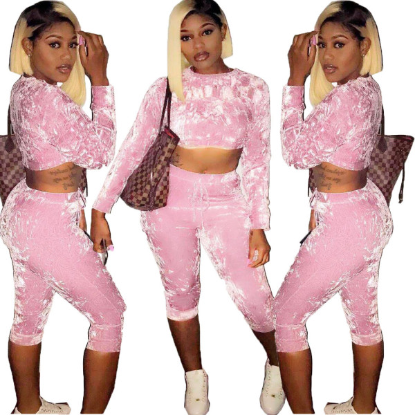 Solid Pleuche Suits Crop Hoodie Elastic Midi Shorts OMY5047