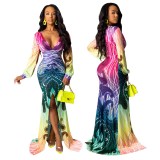 Hot Sexy Printing Colorful Split V Neck Floor Length Dress SMR9482