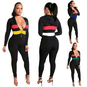 Color Patchwork Hooded Bodycon Jumpsuits With Zipper XY1869