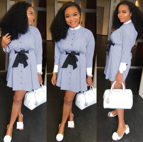 Office Ladies Stripe Long Sleeves Shirt Dress With Bowknot AMM8069