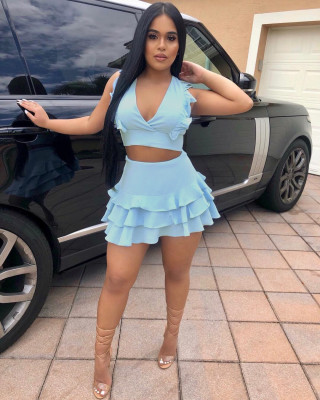V-neck top vest + ruffled skirt two-piece suit LML014
