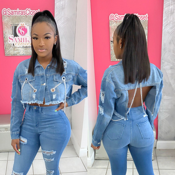 Short frayed denim jacket women chain fashion denim jacket CJ929