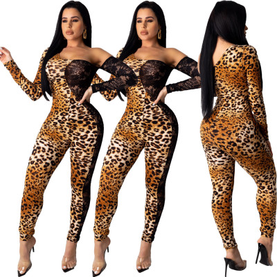 New Design Lace Patchwork Oblique Shoulder Tight Jumpsuit RB3046