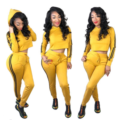 Yellow Two Pieces Sets Crop Hoodie Tops Skinny Pants KK8023
