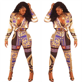 Women Casual Printing Suits Long Sleeve Shirt Skinny Pants YZ1587