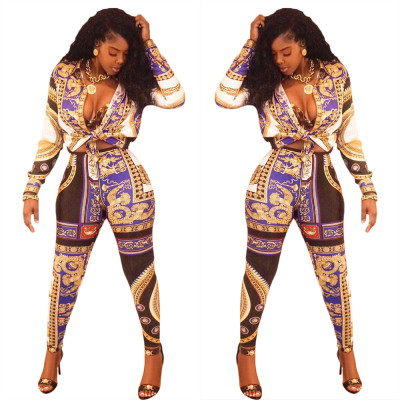 Women Casual Printing Suits Long Sleeve Shirt Skinny Pants YZ1587