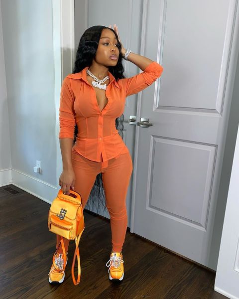 Sexy Solid Color Mesh Perspective Long Sleeves Shirt With Trousers Two Piece Set AC8202