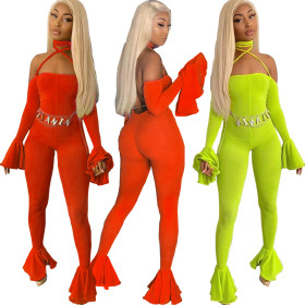 Cheap Backless Flares Sleeves Solid Color Long Jumpsuit HY5105