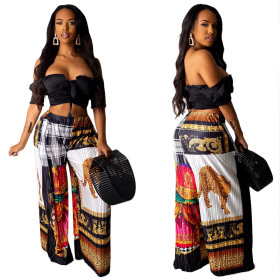 National Style Printing Ladies Bottoms Pleated Straight Pants YZ1888