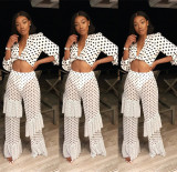 Chiffon Polka Dot Sexy Sets V Neck Crop Top Ruffle Pants LSN706