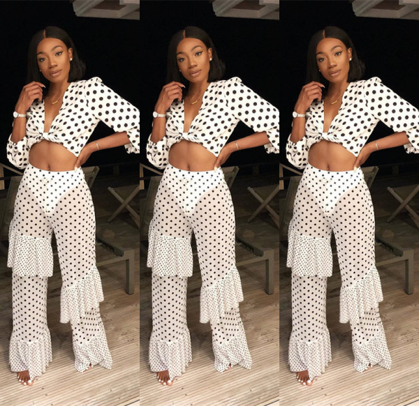 Chiffon Polka Dot Sexy Sets V Neck Crop Top Ruffle Pants LSN706