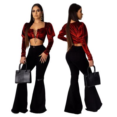 Knee hole denim trumpet edging pants trousers HSF2098
