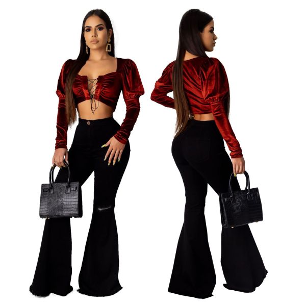 Knee hole denim trumpet edging pants trousers HSF2098