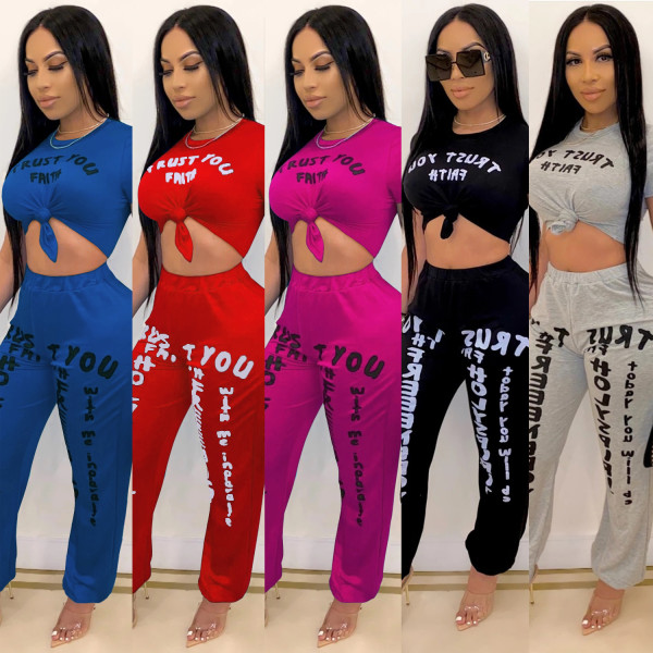 Casual Letter Printed Round Neck Mini Top With Loose Trousers Two Pieces Sets XZ3560