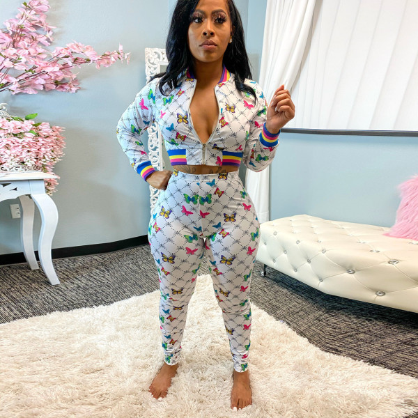 Women's autumn and winter fashion butterfly print suit long two-piece suit CCY8627