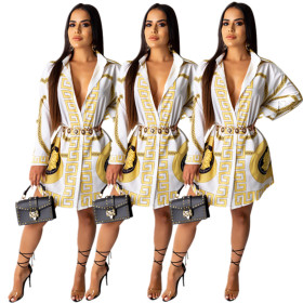Women Leisure Printing Cardigan Long Sleeves Shirt Dress E8405