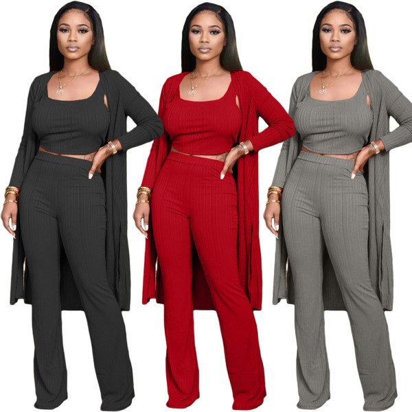 Pure color pit strip three-piece leisure suit X9264