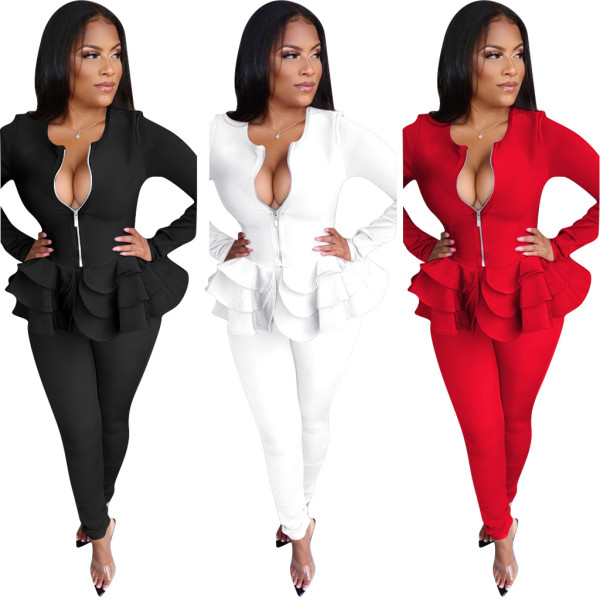 Office Ladies Solid Sets Zipper Ruffle Coat Tight Pants QQM3873