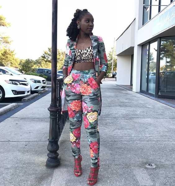 Hot Camouflage Floral Print Suits Skinny Pants Long Coat N9063