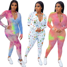 Fashion Tie Dye Printed Zipper Long Sleeves Bodycon Jumpsuit Q679