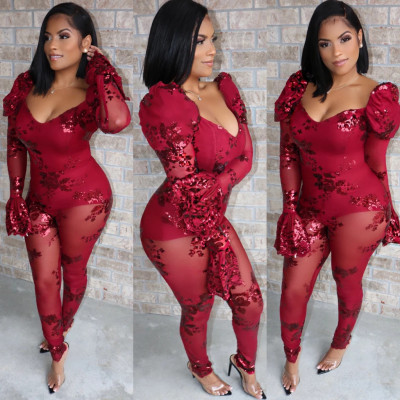 Mesh Splicing Flower Pattern Jumpsuit Sexy Low-Cut Slim Clubwear W8253