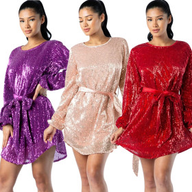 Fashion Perspective Sequins Long Sleeves Casual Belted Dress OEP6053