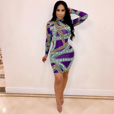 New Design Printing High Neck Bodycon Dress QQ5072