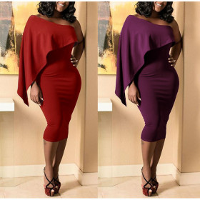 Elegant Pure Color Oblique Shoulder Midi Dress For Party L0157
