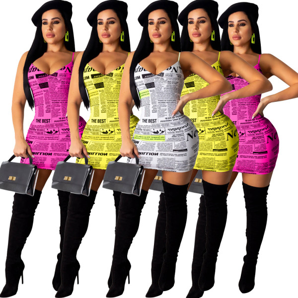 Cheap Bodycon Newspaper Printing Condole Belt Dress RB3017