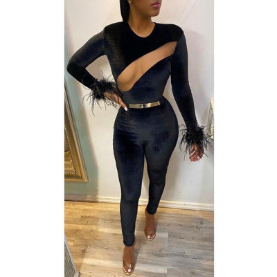 Sexy Mesh Stitching Solid Color Round Neck Long Sleeves Jumpsuit YFS8709