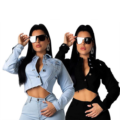 Casual Ladies Button Down Backless Denim Short Coat Q238