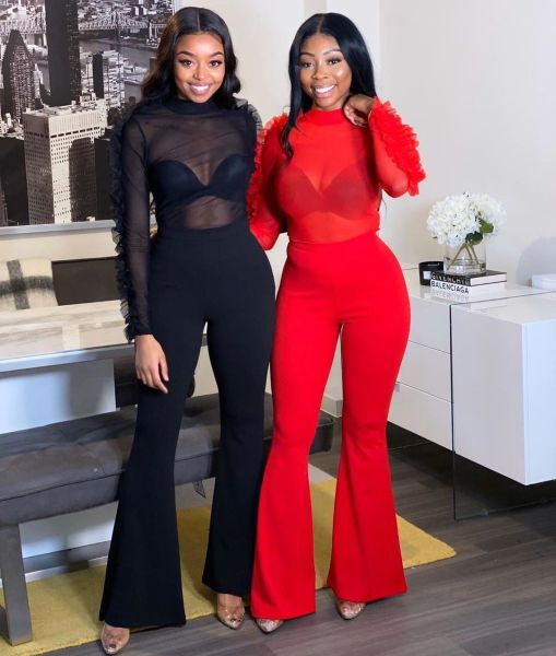 Sexy Mesh See Through Long Sleeves Top+Wide Leg Pants Set Club 2pcs RB3049