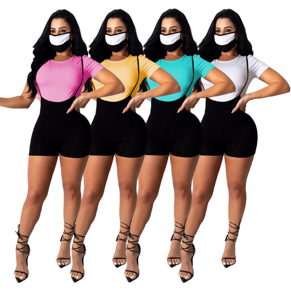 Fashion casual new hot style women's clothing suspender pants + T-shirt solid color large size suit