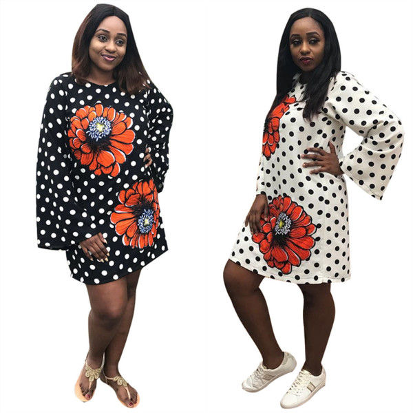 Promotion Floral Print Loose Sleeves Polka Dot Dress YZ1592