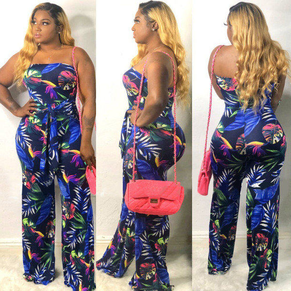Casual Polyester Loose Dew Shoulder Printing Jumpsuit X9152