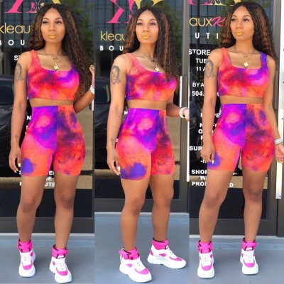 Cheap Women Bodycon Tie-Dyed Print Shorts Suits HG5235