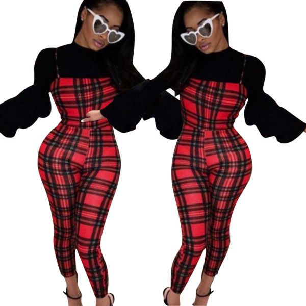 Online Sale Leisure Checks Strappy Red Tight Jumpsuit D8268