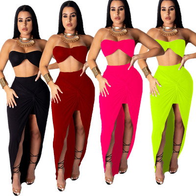 Strapless Top Midi Dress Solid Color Irregular Skirt Suits MY9370