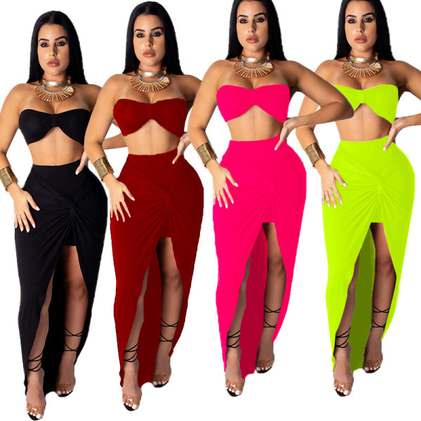Strapless Top Midi Dress Solid Color Irregular Skirt Suits MY9370
