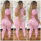 Casual Solid Color Pleated Short Sleeves Top With Trousers Two Piece Set LD8741