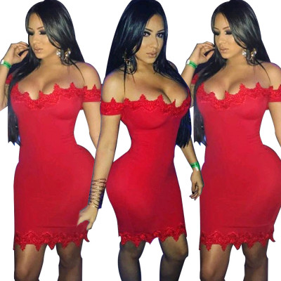Bodycon Lace Patchwork Dew Shoulder Ruffle Red Dress OMY5007