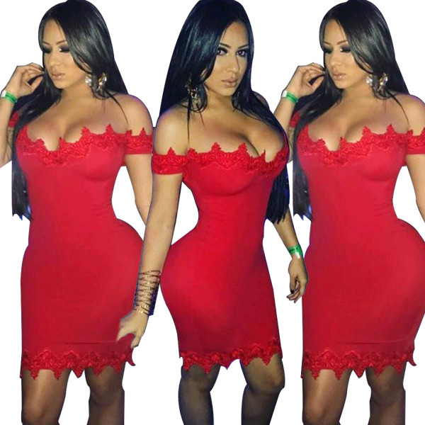 Bodycon Lace Patchwork Dew Shoulder Ruffle Red Dress OMY5007