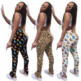 Casual pleated slit micro flared pants butterfly leopard print OFN63732